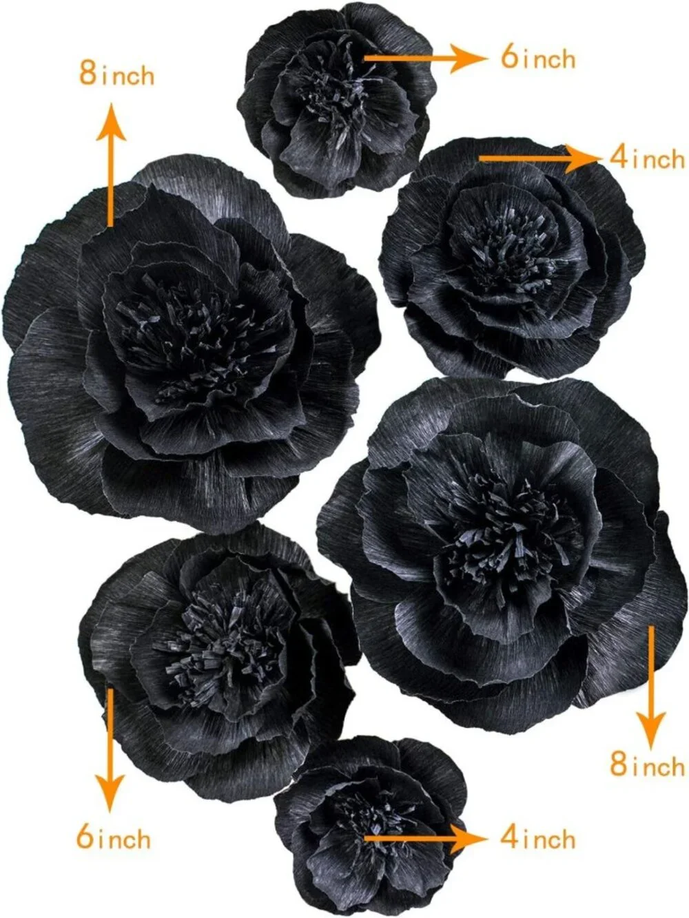 3D Black Paper Flower Wall Decor - Set of 6 | Wedding, Baby Shower, Bridal